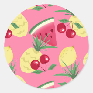Sticker Rond Fruits juteux sur un arrière - plan rouge rose.