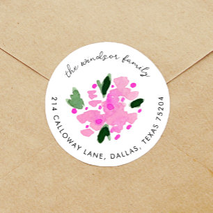 Sticker Rond Fuchsia Aquarelle Bouquet Floral Adresse de retour