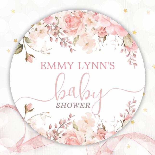 Sticker Rond Fuchsia Bébé en Fleur Baby Shower  (Blush Pink Baby In Bloom Baby Shower Classic Round Sticker)
