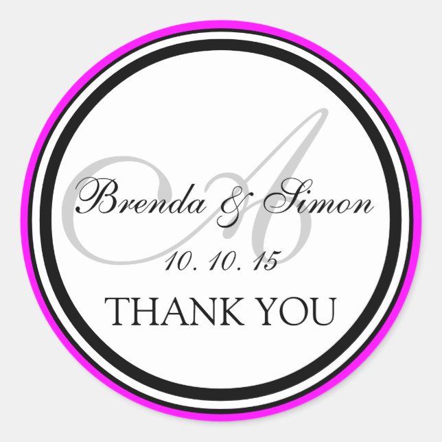 Sticker Rond Fuchsia Black Monogramme Un Merci Mariage (Devant)