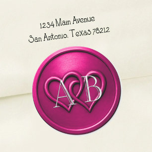 Sticker Rond Fuchsia Deux Cœurs Entrelacés Monogramme Mariage