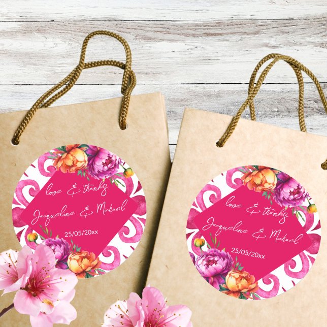 Sticker Rond Fuchsia Majolica tuiles orange merci pour (Fuchsia Majolica tiles orange peonies thank you favor Stickers magenta hot pink favor stickers)
