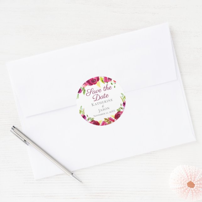 Sticker Rond Fuchsia Pink Floral Garden Sauvez la date (Enveloppe)