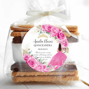 Sticker Rond Fuchsia Rose Fleur Princesse Or Quinceañera XV