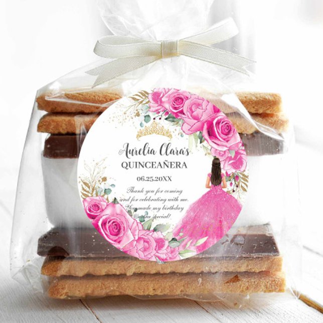 Sticker Rond Fuchsia Rose Fleur Princesse Or Quinceañera XV (Créateur téléchargé)