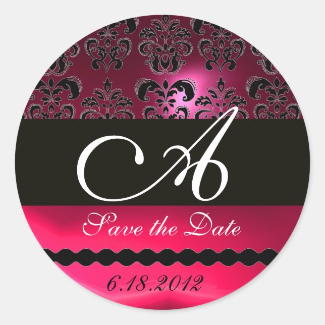 STICKER ROND FUCHSIA ROSE NOIR ET ROUGE RUBY DAMASK MONOGRAM, (Devant)