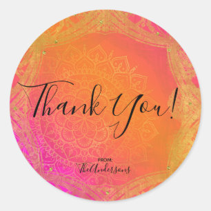 Sticker Rond Fuchsia Rose Orange & Or Mandala Fête Indienne
