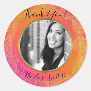 Sticker Rond Fuchsia Rose Orange Or Mandala PHOTO Fête