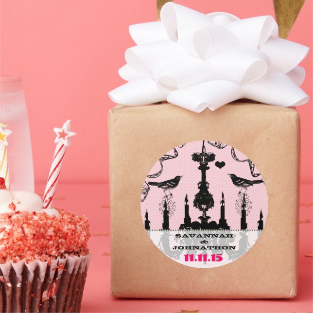 Sticker Rond Fuchsia Vintage Lustre rose Mariage d'oiseaux (Fête)