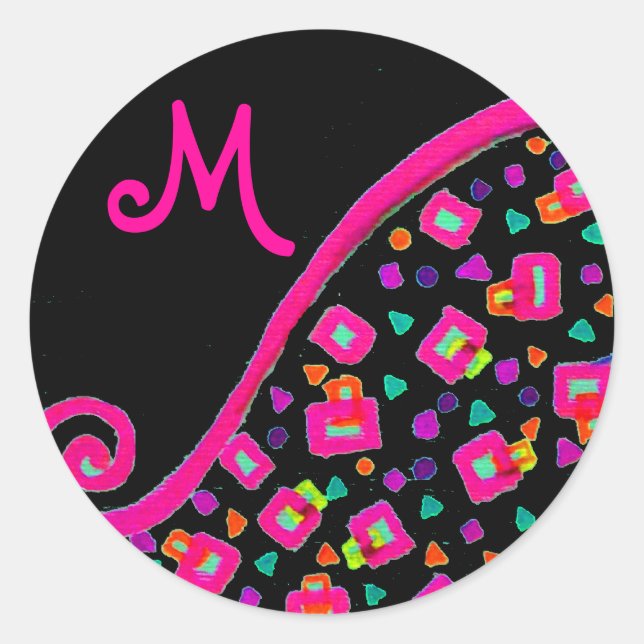 STICKER ROND FUCHSIE ROSE NOIR DÉCO MONOGRAM ABSTRAIT (Devant)