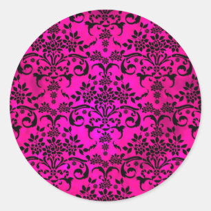 Sticker Rond Fucshia brillant et Damas florales noires