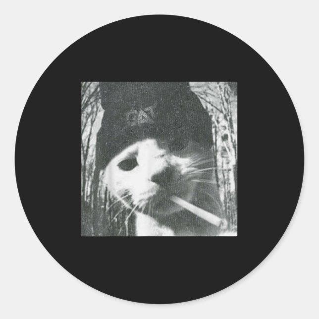 Sticker Rond Fumer Chat Beanie Mème Grunge Aesthétique Drôle T (Devant)