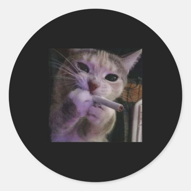Sticker Rond Fumer drôle Chat, Cigarette Kitty Gen Z Mème, Chat (Devant)