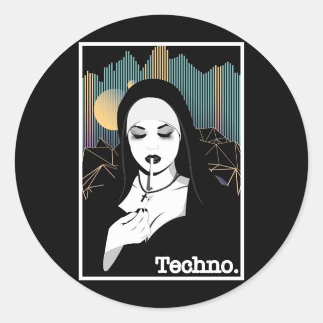 Sticker Rond Fumer Techno Nun Religion Retro Basse Musique (Devant)