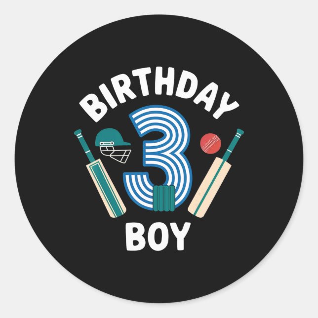 Sticker Rond Fun 3e Anniversaire Cricket Garçons Enfants 3 Ans  (Devant)