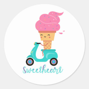 Sticker Rond Fun Amusant Été Chaleur Rose Trottinette Glace Cor
