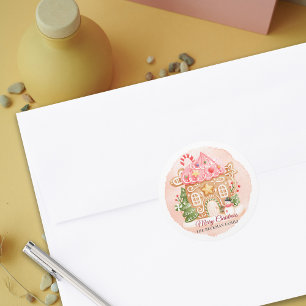 Sticker Rond Fun Aquarelle Gingbread Maison Noël