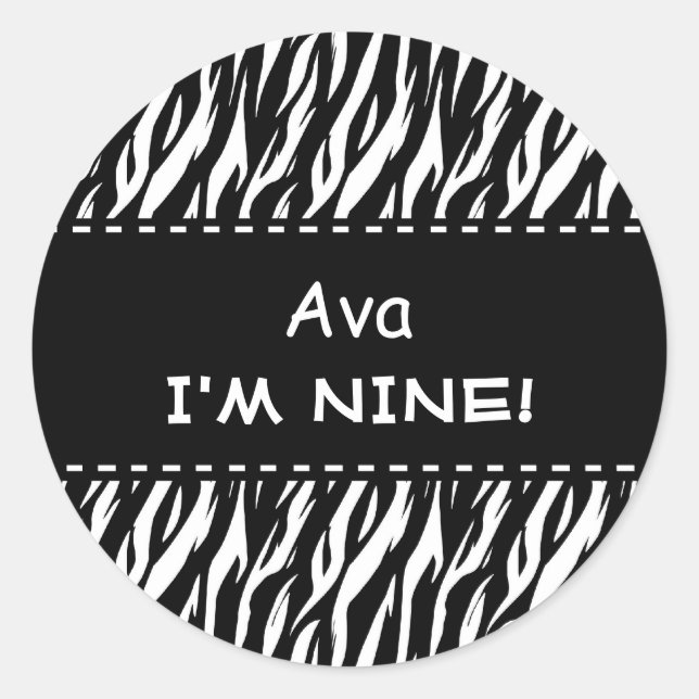 Sticker Rond Fun Black White Zebra Custom 9e anniversaire (Devant)