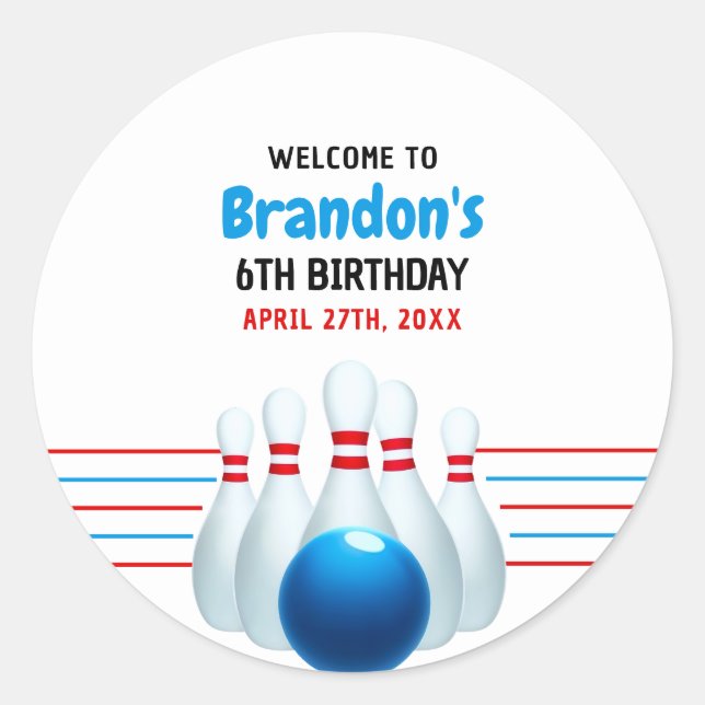 Sticker Rond Fun Blue & Red Bowling Kids 6e anniversaire (Devant)