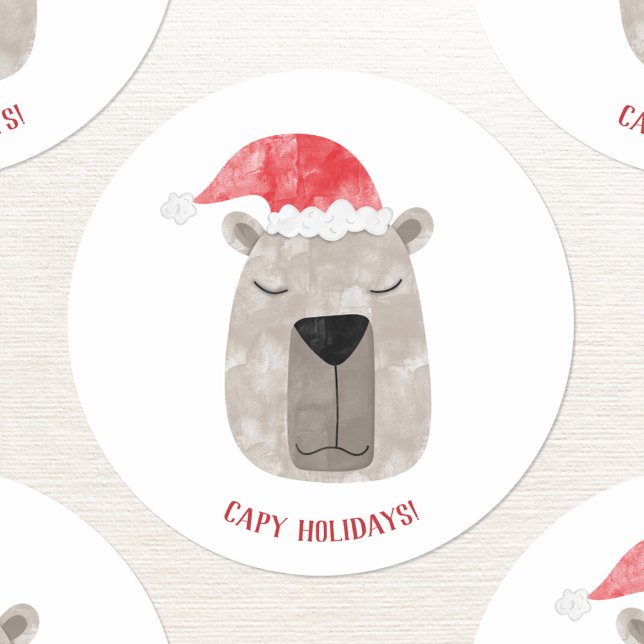 Sticker Rond Fun Capybara Santa Hat Noël (Fun capybara in a Santa hat with custom text Christmas sticker for the winter holidays.)