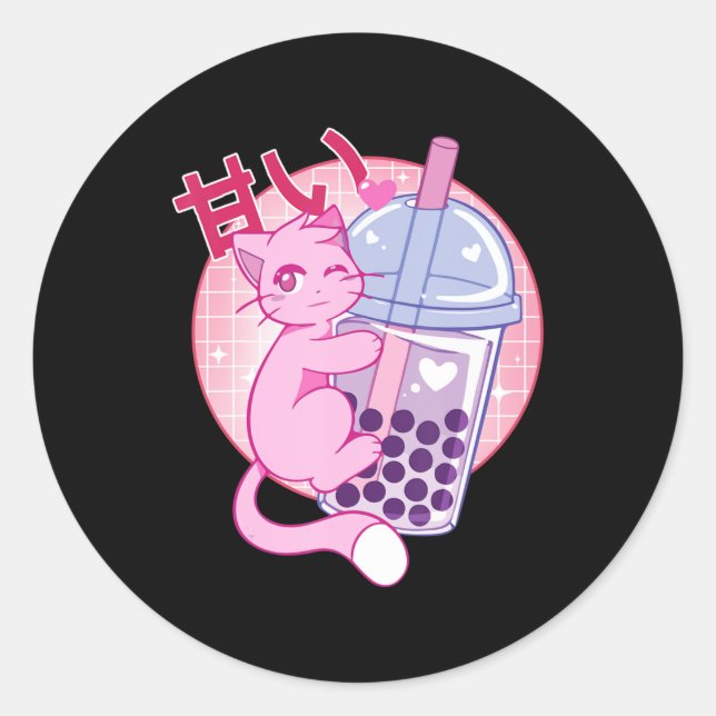 Sticker Rond Fun Chat Boba Tea Bubble Tea Anime Kawaii Gift Gir (Devant)