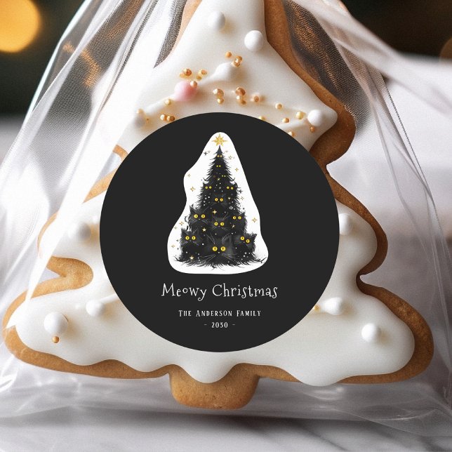 Sticker Rond Fun chat noir Meowy sapin de Noël (Créateur téléchargé)