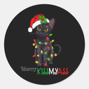 Sticker Rond Fun Chat Noir Merry Kissmy Xmas Pyjamas Chritsmans