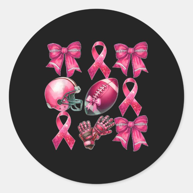 Sticker Rond Fun Cheer Cute Coquette Bow Footbyll Cancer du sei (Devant)