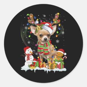 Sticker Rond Fun Chihuahua Noël Chien moche Santa Hat Lumières