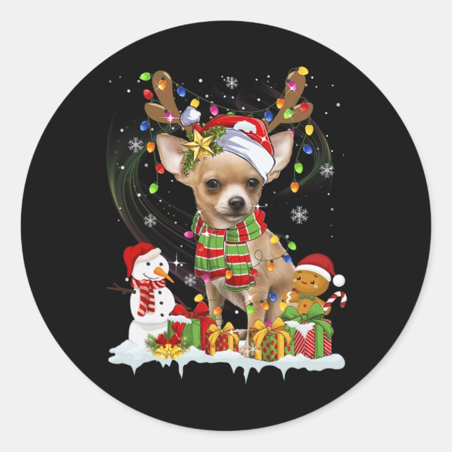 Sticker Rond Fun Chihuahua Noël Chien moche Santa Hat Lumières (Devant)