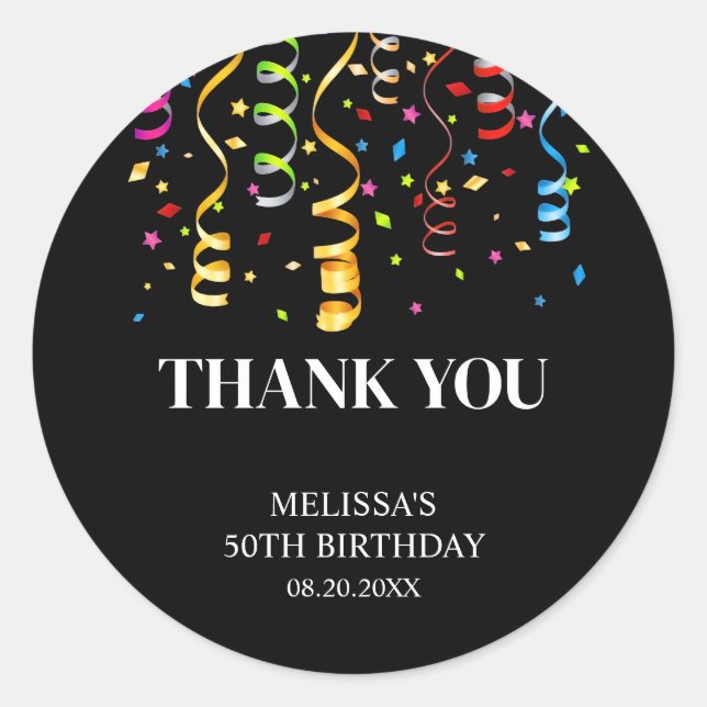 Sticker Rond Fun Coloré Confetti Ribbon Anniversaire Merci (Devant)