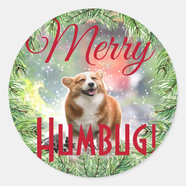 Sticker Rond Fun Dog Photo Christmas Wreath Joyeux Humbug (Devant)