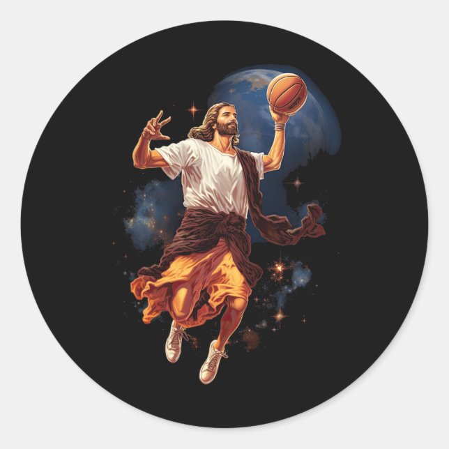 Sticker Rond Fun Jesus Jouer Basketball (Devant)