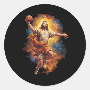 Sticker Rond Fun Jesus Jouer Basketball 1