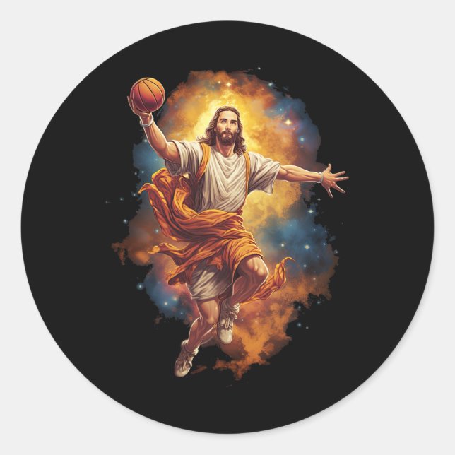 Sticker Rond Fun Jesus Jouer Basketball 1 (Devant)