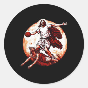 Sticker Rond Fun Jésus Traversant Le Diable Christian Basketba