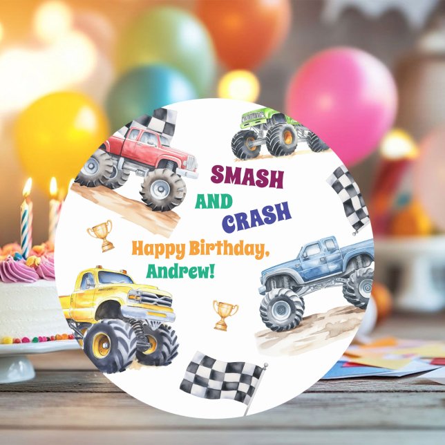 Sticker Rond Fun Monster Trucks Birthday Party  (Créateur téléchargé)