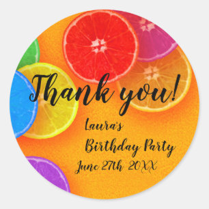 Sticker Rond Fun orange tranches Merci fête d'anniversaire