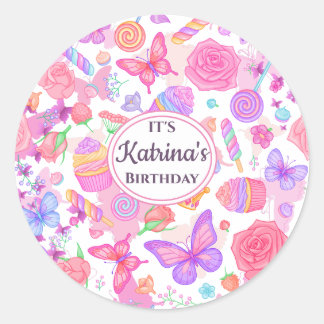 Sticker Rond Fun Papillon rose, Cupcake, Motif de bonbons