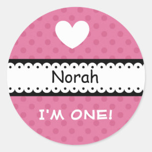 Sticker Rond Fun PINK POIS avec Heart Girl 1er anniversaire