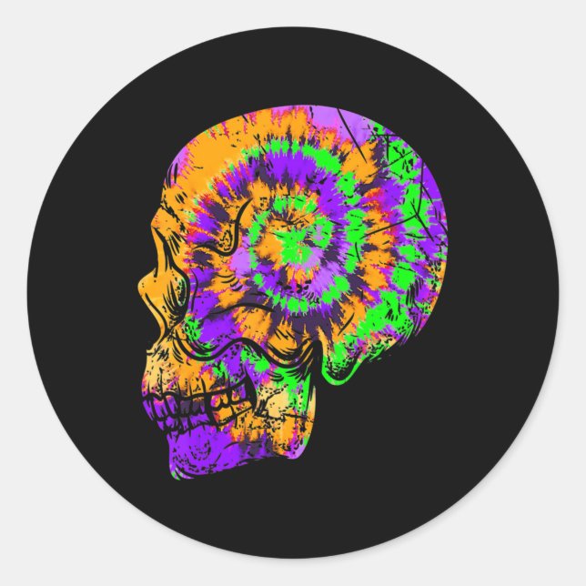 Sticker Rond Fun Tie Dye Crâne Festin Halloween vert pourpre (Devant)