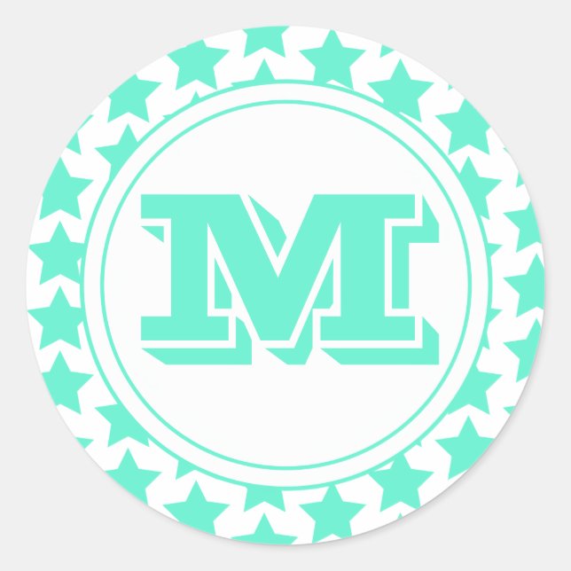 Sticker Rond Fun Turquoise Stars Motif & Monogramme (Devant)