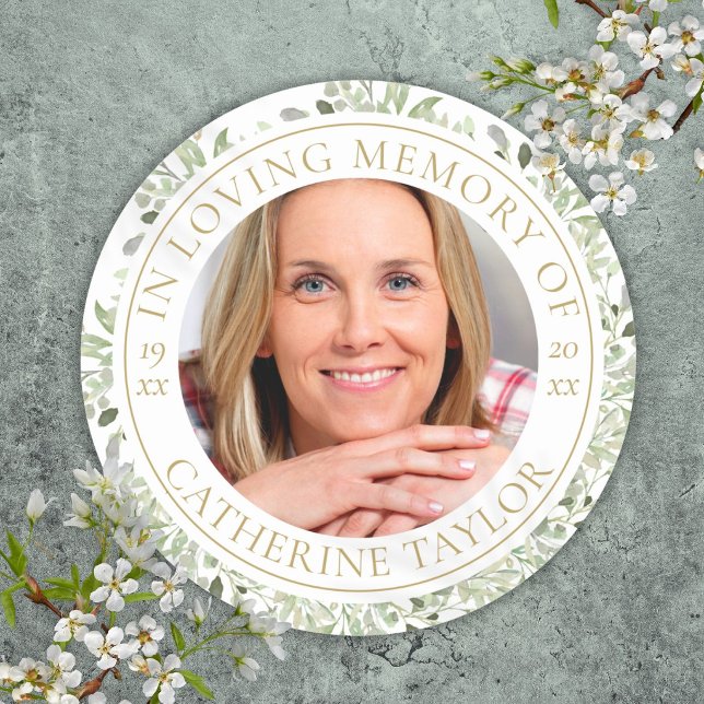 Sticker Rond Funeral In Loving Memory Greenery Photo (Funeral In Loving Memory Greenery Photo Classic Round Sticker)