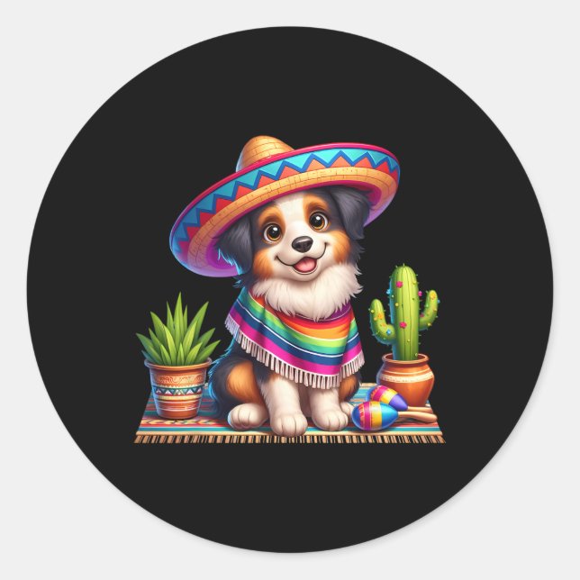 Sticker Rond Funky Australian Shepherd Dit Hi Cinco De Mayo (Devant)
