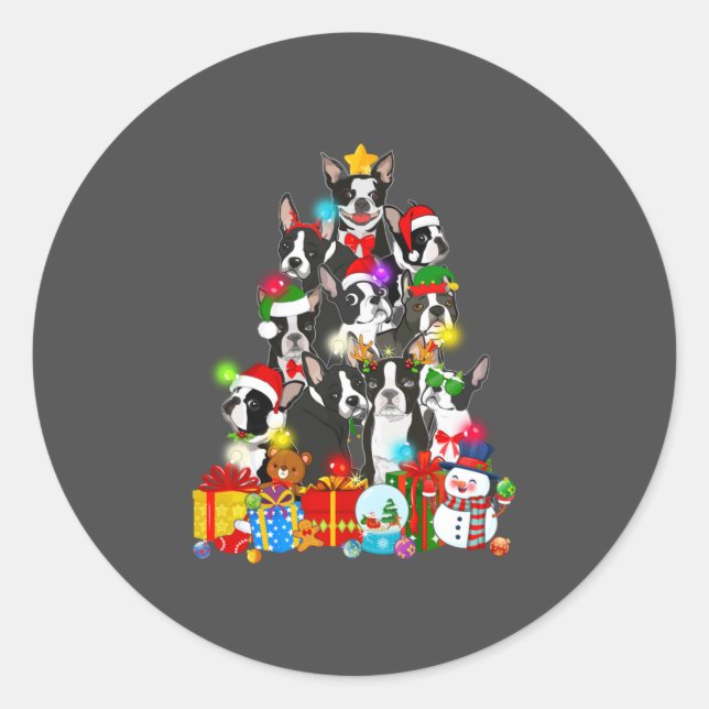Sticker Rond Funky Boston Terrier Christmas Tree Lumières Chiot (Devant)