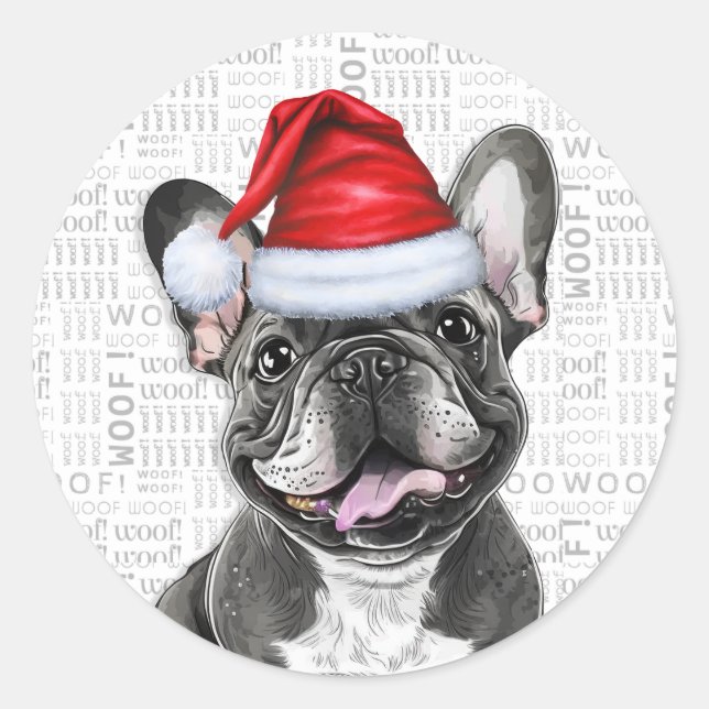 Sticker Rond Funky French Bulldog avec Woof Art Christmas (Devant)