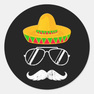 Sticker Rond Funky Mexicain Sombrero Moustache Face Pour Cinco