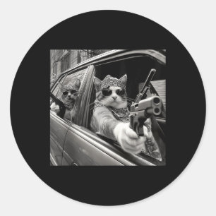 Sticker Rond Funky Vintage Gangster Cat Meme Chat Papa Femmes C