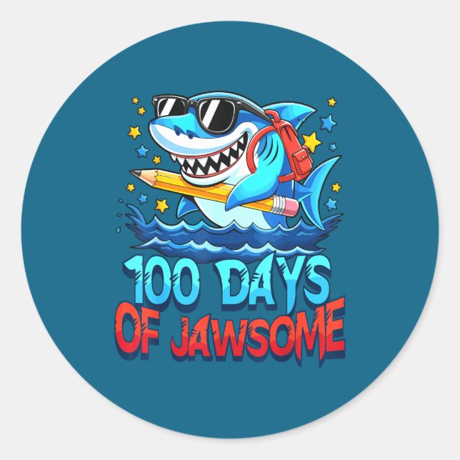 Sticker Rond Funny 100 Days Of Jawsome Shark Kids Boy 100th Day (Devant)