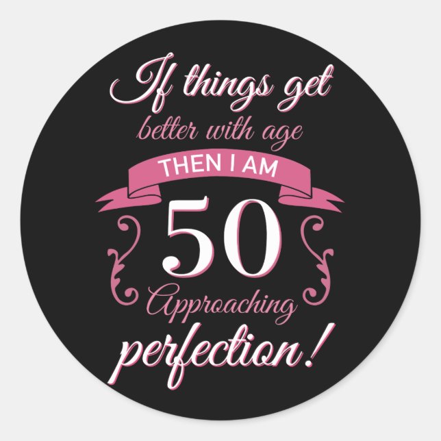 Sticker Rond Funny 50e anniversaire 'Perfection' (Devant)